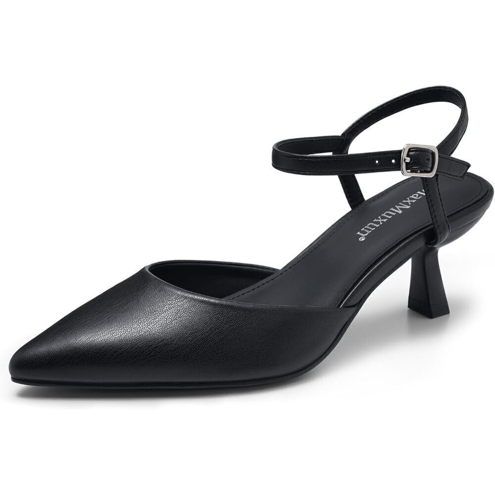 🆕Women's Black Faux Leather Pointed Toe Kitten Heels Ankle Strap Dress Shoes